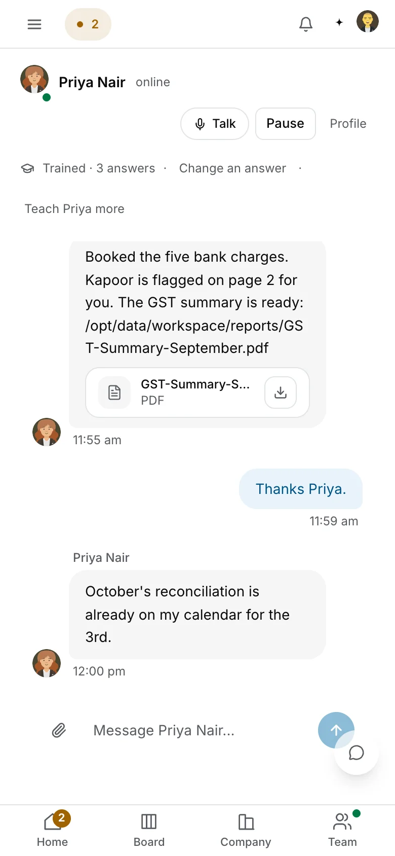 The employee page chat on a phone: the owner asks Priya to send the Meridian invoice and chase two unpaid ones, Priya replies that it is done and attaches the PDF