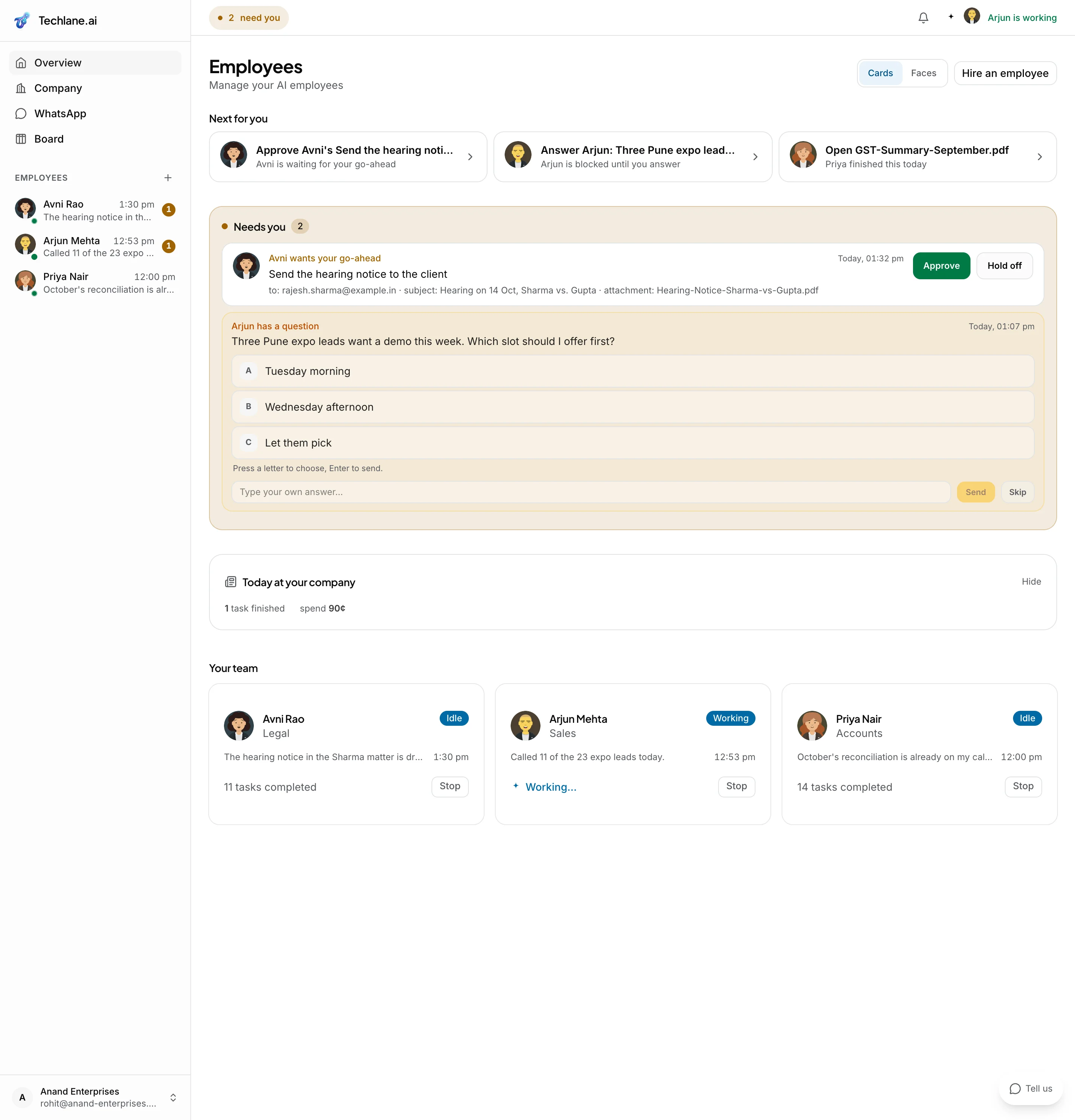 The dashboard after a finished day: the Next for you row and three employee cards